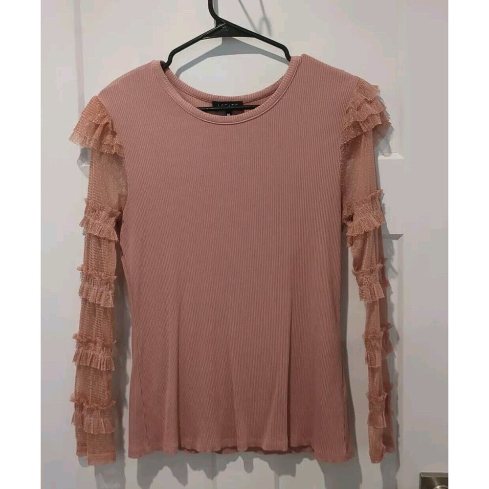 1.STATE Top Womens M Whimsical Pink Ribbed Mesh Sheer Long Sleeve Layering